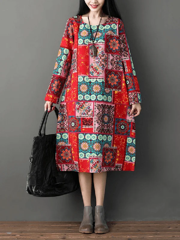 Women Casual Loose Printed O-Neck Long Sleeve Dress