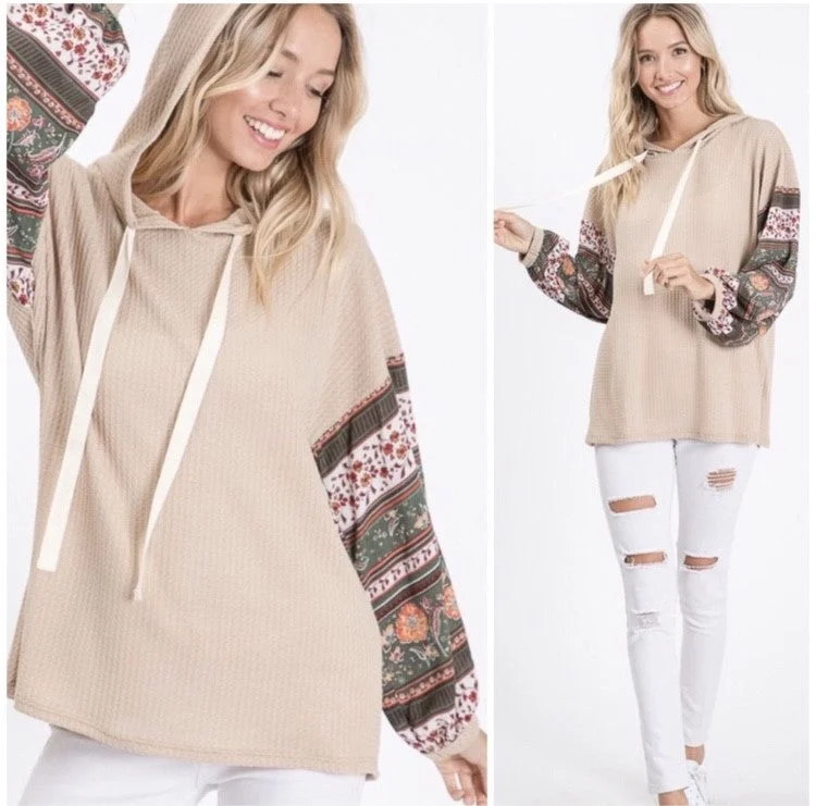 Taupe Boho Print Sleeve Thermal Waffle Hoodie Shirt Casual Womens